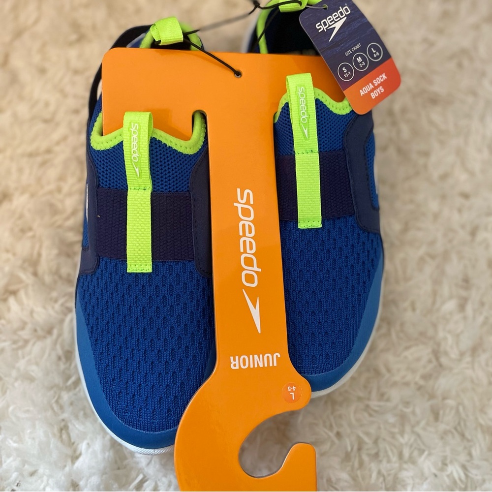 Speedo Junior Aqua Sock Boys Water Shoes Blue Lime Green Size Large L 4-5 NEW